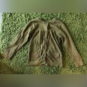Girls green cardigan with gold stitching and floral buttons